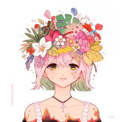 Rule 34 | 1girl, absurdres, blue flower, collarbone, cross, cross necklace, english text, flower, highres, jewelry, leaf, looking at viewer, necklace, original, petals, pink flower, pink hair, purple flower, red flower, short hair, simple background, smile, solo, white background, white flower, yellow eyes, yuuinami