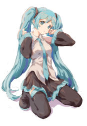 Rule 34 | 1girl, :o, bad id, bad twitter id, black footwear, black skirt, blue eyes, blue hair, blue necktie, boots, breasts, collared shirt, detached sleeves, grey shirt, hair behind ear, hatsune miku, head tilt, highres, long hair, necktie, shadow, shirt, sketch, skirt, small breasts, solo, squatting, thigh boots, twintails, very long hair, vocaloid, yakkl