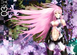 Rule 34 | 1girl, abs, bare shoulders, breasts, center opening, cleavage, cleavage cutout, clenched hands, clothing cutout, din (raiden), elbow gloves, female focus, from below, gloves, headphones, highres, large breasts, long hair, looking at viewer, looking down, megurine luka, midriff, muscular, navel, pink hair, revealing clothes, sleeveless, solo, standing, thigh gap, thighs, very long hair, vocaloid