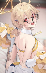 Rule 34 | 1girl, 1other, ahoge, black-framed eyewear, blonde hair, blue archive, blush, breasts, cheerleader, detached collar, flying sweatdrops, glasses, gloves, halo, highres, holding, holding pom poms, kotori (blue archive), kotori (cheer squad) (blue archive), large breasts, long hair, millennium cheerleader outfit (blue archive), official alternate costume, open mouth, pom pom (cheerleading), pom poms, red eyes, rerrere, short twintails, skirt, socks, solo focus, twintails, white gloves, white skirt, white socks, yellow halo