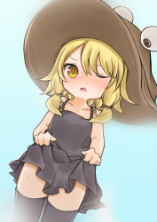 Rule 34 | 1girl, absurdres, black thighhighs, blonde hair, bloom, blue background, blush, dutch angle, gradient background, hat, highres, looking at viewer, moriya suwako, nose blush, one eye closed, shiki karin, simple background, solo, sweat, thighhighs, touhou, yellow eyes