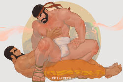 Rule 34 | 2boys, bara, barefoot, beard, beard cut, between legs, bulge, bulge to ass, cherry blossoms, dark-skinned male, dark skin, dougi, eye contact, falling petals, feeling muscles, from side, full beard, fundoshi, gluteal fold, headband, japanese clothes, large hands, large pectorals, looking at another, looking back, looking down, lying, male focus, mature male, multiple boys, muscular, muscular male, navel, nipples, on back, orange pants, original, outstretched arms, paid reward available, pants, pectorals, petals, profile, red headband, ryu (street fighter), see-through, smile, spread legs, squatting, straddling, street fighter, street fighter 6, thick beard, thick eyebrows, thick mustache, thick thighs, thighs, topless male, track pants, v-shaped eyebrows, villanuevo, wet, wet clothes, wet fundoshi, yaoi