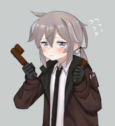 Rule 34 | 1girl, absurdres, ahoge, american flag, black gloves, black necktie, blush, brown jacket, closed mouth, collared shirt, double popsicle, failure, flying sweatdrops, furrowed brow, girls&#039; frontline, gloves, grey background, grey hair, hair between eyes, half-split chopsticks, highres, holding food, holding ice cream, ice cream, jacket, light frown, long sleeves, looking at viewer, low ponytail, m200 (girls&#039; frontline), necktie, open clothes, open jacket, pepsi2330, purple eyes, sad, shirt, simple background, solo, tearing up, upper body, wavy eyes, white shirt