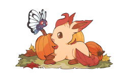 Rule 34 | :d, alternate color, autumn, autumn leaves, brown eyes, butterfree, commentary, creatures (company), english commentary, game freak, gen 1 pokemon, gen 4 pokemon, grass, highres, leaf, leafeon, looking at viewer, mjoyart, nintendo, no humans, open mouth, pokemon, pokemon (creature), pumpkin, red eyes, simple background, smile, white background