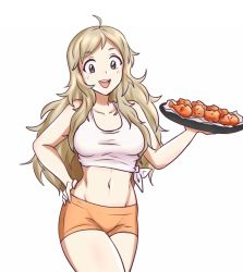 Rule 34 | 1girl, bare shoulders, blonde hair, breasts, chicken wing, fire emblem, fire emblem fates, grey eyes, hayato stuff, highres, hooters, long hair, looking at viewer, medium breasts, midriff, navel, nintendo, ophelia (fire emblem), short shorts, shorts, solo, upper body
