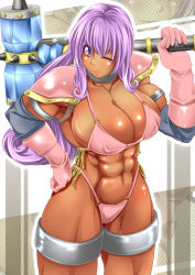 Rule 34 | 1girl, abs, alop-net, bikini, breasts, choker, dark skin, dark-skinned female, dragon quest, elbow gloves, female focus, gloves, hammer, hand on own hip, highres, hip focus, holding, huge breasts, long hair, looking at viewer, macto, muscular, one eye closed, purple eyes, purple hair, shoulder pads, smile, soldier (dq3), solo, swimsuit, thick thighs, thighs, weapon, wink