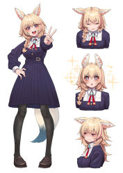 Rule 34 | + +, 1girl, :d, alternate costume, animal ear fluff, animal ears, black pantyhose, blonde hair, blush, braid, brooch, commentary request, cropped torso, fox ears, fox girl, fox tail, full body, hand on own hip, highres, hololive, jewelry, long hair, long sleeves, looking away, mikan (chipstar182), multiple views, neck ribbon, omaru polka, open mouth, pantyhose, purple eyes, red ribbon, ribbon, simple background, single braid, smile, sparkle, standing, tail, triangle mouth, v, v-shaped eyebrows, virtual youtuber, white background