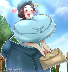 Rule 34 | 1girl, absurdres, breasts, brown hair, crysnickel, curvy, closed eyes, gigantic breasts, highres, mailman, open mouth, smile, solo, thick thighs, thighs, wide hips