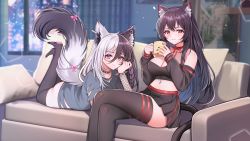 Rule 34 | 2girls, :3, absurdres, animal ear fluff, animal ears, bare shoulders, black choker, black hair, black shirt, black skirt, black thighhighs, breasts, cat ears, cat girl, cat tail, choker, cleavage, closed mouth, commission, couch, crop top, crossed legs, cup, detached sleeves, fox ears, fox girl, fox tail, grey shirt, highres, holding, indie virtual youtuber, jirafuru, lanfear, large breasts, long hair, long sleeves, looking at viewer, lying, midriff, miniskirt, mug, multicolored hair, multiple girls, nail polish, navel, on stomach, pleated skirt, purple eyes, red choker, red eyes, ribbon choker, second-party source, shirt, sitting, skirt, smile, stomach, tail, thighhighs, torn clothes, torn shirt, two-tone hair, very long hair, virtual youtuber, vrchat, white hair, zettai ryouiki