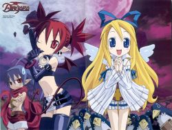 Rule 34 | 00s, 1boy, 2girls, bloomers, bracelet, disgaea, earrings, elbow gloves, etna (disgaea), flat chest, flonne, gloves, jewelry, kano akira, laharl, makai senki disgaea, multiple girls, non-web source, pointy ears, prinny, red shorts, ribbon, shorts, tail, thighhighs, twintails, underwear, white bloomers, wings