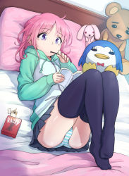 Rule 34 | 1girl, bed, black thighhighs, book, brand name imitation, eating, feet, feet together, food, hood, hoodie, lying, mofu (mof swimradio), no shoes, on back, original, panties, pantyshot, pillow, pink hair, pocky, purple eyes, skirt, solo, striped clothes, striped panties, stuffed animal, stuffed penguin, stuffed rabbit, stuffed toy, tears, teddy bear, thighhighs, underwear, upskirt