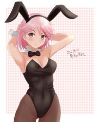 Rule 34 | 1girl, ame-san, animal ears, armpits, black leotard, black pantyhose, bow, bowtie, breasts, cleavage, commentary request, cowboy shot, dated, detached collar, fake animal ears, giuseppe garibaldi (kancolle), highres, kantai collection, leotard, looking at viewer, medium breasts, pantyhose, pink eyes, pink hair, playboy bunny, rabbit ears, short hair, solo, strapless, strapless leotard, twitter username, wrist cuffs