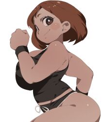 Rule 34 | 1girl, absurdres, alternate breast size, ass, bare shoulders, blush, boku no hero academia, breasts, brown eyes, brown hair, cleavage, coffing, highres, huge breasts, looking at viewer, short hair, shorts, sketch, solo, tank top, thick thighs, thighs, uraraka ochako, white background