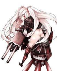 Rule 34 | 10s, 1girl, absurdres, abyssal ship, ass, black thighhighs, boots, bottomless, claws, colored skin, gauntlets, ginto, hair over one eye, high heel boots, high heels, highres, kantai collection, long hair, red eyes, saliva, solo, southern ocean oni, thigh boots, thighhighs, turret, twintails, very long hair, white hair, white skin