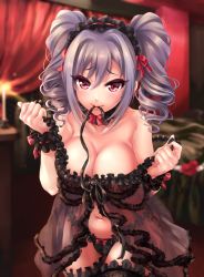Rule 34 | 1girl, babydoll, bad id, bad twitter id, black panties, bow, bow panties, bra, breasts, cleavage, collarbone, commentary request, cowboy shot, curtains, drill hair, front-tie top, highres, idolmaster, idolmaster cinderella girls, kanzaki ranko, lace, lace bra, lace panties, large breasts, lingerie, looking at viewer, mouth hold, navel, panties, red bow, red eyes, ribbon, ribbon in mouth, shashaki, silver hair, solo, strap pull, thighhighs, twin drills, twintails, underwear, underwear only, frilled wristband