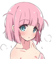 Rule 34 | 1girl, blue eyes, blush, bocchi the rock!, breasts, collarbone, gotoh futari, looking at viewer, mel (melty pot), naked towel, open mouth, pink hair, pink towel, short hair, side ahoge, simple background, small breasts, solo, towel, upper body, white background