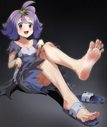 Rule 34 | 1girl, absurdres, acerola (pokemon), barefoot, blush, clover hair ornament, creatures (company), crossed legs, feet, foot focus, four-leaf clover hair ornament, game freak, hair ornament, highres, nintendo, open mouth, pokemon, pokemon sm, purple eyes, purple hair, sandals, simple background, single sandal, sitting, smell, soles, solo, spread toes, toes, tsa, unworn sandals