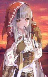 Rule 34 | 1girl, animal ears, belt, belt buckle, black hair, black ribbon, breasts, brown belt, brown gloves, buckle, cape, commentary request, fire emblem, fire emblem fates, fuussu (21-kazin), gloves, grey hair, hood, hood up, hooded cape, long hair, long sleeves, looking at viewer, medium breasts, mouth hold, multicolored hair, nintendo, orange sky, outdoors, red cape, red eyes, ribbon, shirt, sky, solo, streaked hair, two-tone hair, velouria (fire emblem), white shirt, wolf ears, wolf girl