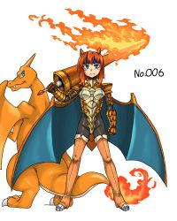 Rule 34 | 1girl, armor, blue eyes, boots, breastplate, breasts, charizard, creatures (company), flame-tipped tail, flaming weapon, game freak, gauntlets, gen 1 pokemon, horns, kitsune-tsuki (getter), lance, looking at viewer, nintendo, orange hair, pauldrons, personification, pokedex number, pokemon, pokemon (creature), polearm, shoulder armor, thigh boots, thighhighs, weapon, wings