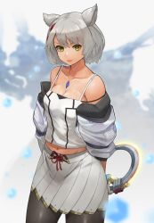 Rule 34 | 1girl, animal ears, artist request, black pantyhose, breasts, camisole, cat ears, chakram, chest jewel, collarbone, highres, jacket, looking at viewer, mio (xenoblade), pantyhose, short hair, simple background, skirt, small breasts, solo, weapon, white camisole, white hair, white jacket, white skirt, xenoblade chronicles (series), xenoblade chronicles 3, yellow eyes