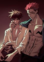 Rule 34 | 2boys, abs, black hair, black nails, blue eyes, chest tattoo, closed mouth, ear piercing, extra eyes, fushiguro megumi, hands on another&#039;s face, highres, jujutsu kaisen, looking at viewer, makababazi, male focus, multiple boys, muscular, muscular male, nail polish, navel, nipples, open clothes, pants, pectorals, piercing, pink hair, red eyes, ryoumen sukuna (jujutsu kaisen), shirt, short hair, size difference, spiked hair, stomach tattoo, tattoo, undercut, yaoi