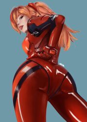 Rule 34 | 1girl, absurdres, adapted costume, ass, ass focus, ass grab, blue eyes, blush, butt crack, hair ornament, hand on own hip, highres, licking lips, lips, long hair, looking at viewer, looking back, neon genesis evangelion, oni zuka, plugsuit, shiny clothes, shiny skin, skin tight, solo, souryuu asuka langley, tongue, tongue out, twintails, two side up