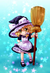Rule 34 | 1girl, aged down, blonde hair, braid, broom, dress, female focus, full body, gradient background, hat, kirisame marisa, mary janes, shoes, short hair, solo, touhou, witch, witch hat, yellow eyes, yukiha