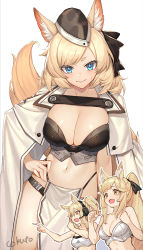 Rule 34 | 3girls, :d, animal ear fluff, animal ears, arknights, artist name, aunt and niece, bare shoulders, black ribbon, blemishine (arknights), blonde hair, blue eyes, breasts, cleavage, cokuto1, commentary request, fingernails, gaijin 4koma (meme), hair ribbon, hand on own hip, hat, headset, horse ears, horse girl, horse tail, jacket, large breasts, long hair, looking at viewer, meme, multiple girls, navel, nearl (arknights), open mouth, ribbon, smile, sweatdrop, tail, thick eyebrows, whislash (arknights), white jacket, yellow eyes