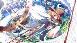 Rule 34 | 1girl, blonde hair, blue eyes, bracelet, flying, hat, highres, holding, holding sword, holding weapon, jewelry, looking at viewer, moriya&#039;s iron rings, moriya suwako, on one knee, open mouth, outdoors, short hair, snake, solo, staff, sword, thighhighs, touhou, tree, ugume, weapon, white thighhighs, wide sleeves