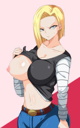 Rule 34 | 1girl, android 18, blonde hair, blue eyes, breasts, dragon ball, dragonball z, huge areolae, huge breasts, solo, tagme