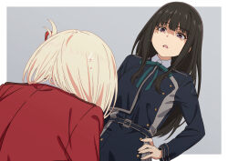 Rule 34 | 2girls, absurdres, asada7101, black hair, blonde hair, blue coat, border, coat, commentary request, dutch angle, green ribbon, grey background, hand on own hip, highres, inoue takina, jacket, long hair, looking at another, lycoris recoil, lycoris uniform, medium hair, multiple girls, neck ribbon, nishikigi chisato, parted lips, purple eyes, red jacket, ribbon, scolding, simple background, sweatdrop, white border