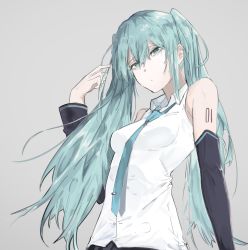 Rule 34 | 1girl, bad id, bad pixiv id, bare shoulders, black skirt, black sleeves, blue necktie, breasts, cizzi, closed mouth, collared shirt, commentary, detached sleeves, fingernails, green eyes, green hair, grey background, hair between eyes, hand up, hatsune miku, long hair, long sleeves, necktie, shirt, simple background, skirt, sleeveless, sleeveless shirt, small breasts, solo, tie clip, upper body, very long hair, vocaloid, white shirt