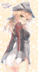 Rule 34 | 10s, 1girl, adjusting clothes, adjusting panties, anchor hair ornament, ass, blonde hair, blush, breasts, cross, gloves, hair ornament, hat, iron cross, kantai collection, long hair, long sleeves, looking at viewer, military, military uniform, panties, peaked cap, prinz eugen (kancolle), ryo (botugo), solo, twintails, underwear, uniform, wedgie, white gloves, white panties