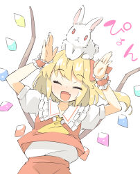 Rule 34 | 1girl, ^ ^, animal, animal on head, arms up, arnest, ascot, blonde hair, blush, bow, closed eyes, collarbone, crystal, facing viewer, fang, flandre scarlet, floating hair, frilled cuffs, frilled shirt collar, frills, hair bow, happy, highres, on head, one side up, open mouth, puffy short sleeves, puffy sleeves, rabbit, rabbit on head, rabbit pose, rainbow order, red bow, red skirt, red vest, shirt, shirt tucked in, short hair, short sleeves, simple background, skin fang, skirt, skirt set, solo, sound effects, touhou, upper body, vest, white background, white shirt, white sleeves, wing collar, wings, wrist cuffs, yellow ascot