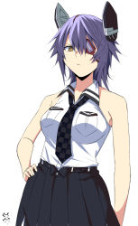 Rule 34 | 1girl, black skirt, breast pocket, commentary request, cowboy shot, hand on own hip, kantai collection, looking at viewer, moti coi, necktie, one-hour drawing challenge, pleated skirt, pocket, purple hair, shirt, short hair, simple background, skirt, sleeveless, sleeveless shirt, solo, tenryuu (kancolle), tenryuu kai ni (kancolle), white background, white shirt, yellow eyes