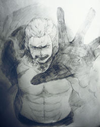 Rule 34 | 1boy, abs, cigar, gloves, graphite (medium), male focus, monochrome, one piece, open clothes, open shirt, scar, shirt, smoker (one piece), smoking, solo, traditional media