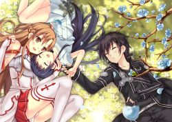 Rule 34 | 10s, 1boy, 2girls, :d, ^ ^, armor, asuna (sao), bad id, bad pixiv id, bare shoulders, black hair, blush, breastplate, brown eyes, brown hair, closed eyes, detached sleeves, dress, fingerless gloves, gloves, grass, kirito, long hair, lying, multiple girls, on back, on side, open mouth, outdoors, peach88, petals, pleated skirt, red skirt, skirt, sleeping, smile, sword art online, thighhighs, white thighhighs, yui (sao)