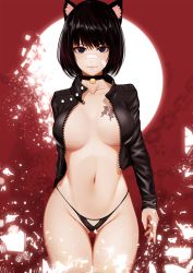 Rule 34 | 1girl, animal ears, bandaid, bandaid on face, bandaid on nose, bell, black hair, black jacket, black panties, blue eyes, breasts, cat ears, choker, collarbone, cowboy shot, cropped jacket, daydream (zhdkffk21), gluteal fold, highres, jacket, large breasts, md5 mismatch, navel, neck bell, no bra, open clothes, open jacket, original, panties, resolution mismatch, short hair, solo, source larger, standing, tattoo, thigh gap, underwear