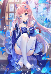 Rule 34 | 1girl, bare shoulders, blue bow, blunt bangs, bow, breasts, chinese commentary, commentary request, convenient leg, crossed ankles, dated, detached collar, feet, fish, fish hair ornament, frilled sleeves, frills, full body, genshin impact, gradient hair, hair ornament, highres, long hair, looking at viewer, miaogujun, multicolored hair, no shoes, parted lips, pink hair, purple eyes, sangonomiya kokomi, signature, sitting, solo, thighhighs, toes, underwater, very long hair, vision (genshin impact), white thighhighs, wide sleeves