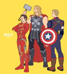 Rule 34 | 3boys, arc reactor, armor, artist name, avengers (series), back, bare shoulders, beard, black pants, blonde hair, blue bodysuit, blue eyes, bodysuit, boots, braid, brown eyes, brown footwear, brown hair, cape, captain america, commentary, crossed arms, english commentary, english text, facial hair, fingernails, full armor, full body, grey armor, grey footwear, grey shirt, hand up, highres, holding, holding shield, holding weapon, iron man, light brown hair, long hair, looking to the side, male focus, marvel, marvel cinematic universe, mjolnir (marvel), multicolored armor, multiple boys, muscular, muscular male, pants, ponsu (ponzuxponzu), power armor, red armor, red cape, shield, shirt, short hair, simple background, sleeveless, sleeveless shirt, standing, star (symbol), steve rogers, striped, superhero costume, thor (marvel), tony stark, v-shaped eyebrows, weapon, yellow armor, yellow background