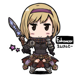 Rule 34 | &gt;:), 10s, 1girl, belt, black thighhighs, blonde hair, blush stickers, brown eyes, covered navel, djeeta (granblue fantasy), enchanter (granblue fantasy), es (eisis), gauntlets, granblue fantasy, hairband, heart, holding, holding sword, holding weapon, leotard, looking at viewer, shadow, short hair, simple background, single gauntlet, skull, smile, solo, standing, sword, thighhighs, v-shaped eyebrows, weapon, white background, zettai ryouiki