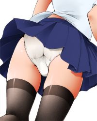 Rule 34 | 1girl, ass, black thighhighs, blue skirt, dr rex, from behind, head out of frame, original, panties, pleated skirt, shirt, short sleeves, simple background, skirt, solo, thighhighs, underwear, white background, white panties, white shirt