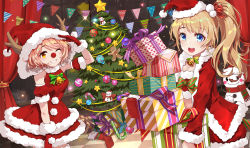 Rule 34 | 2girls, bell, blonde hair, blue eyes, blush, brown eyes, brown hair, candy, candy cane, choker, christmas, christmas lights, christmas ornaments, christmas stocking, christmas tree, detached sleeves, food, gift, gingerbread man, hat, highres, holding, holding gift, indoors, long hair, long sleeves, looking at viewer, moe (450367098), multiple girls, neck bell, one eye closed, open mouth, original, parted lips, ponytail, red hat, red scarf, santa costume, santa hat, scarf, short hair, smile, snowman, teeth