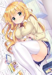 Rule 34 | 1girl, 3:, blonde hair, blue skirt, blush, book, breasts, cellphone, closed mouth, comic cune, dutch angle, green eyes, holding, holding book, kurou (quadruple zero), large breasts, long hair, looking at viewer, lying, manga (object), on side, phone, pleated skirt, skirt, smartphone, solo, sweater, tareme, tears, thighhighs, thighs, white thighhighs