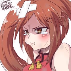 Rule 34 | 1girl, :t, anger vein, angry, arc system works, bandages, bare shoulders, blush, breasts, brown eyes, brown hair, china dress, chinese clothes, dress, guilty gear, guilty gear xrd, guilty gear xrd: revelator, hair ornament, kuradoberi jam, kuroi no, long hair, pout, solo, squiggle, tears, very long hair