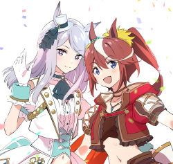 Rule 34 | 2girls, animal ears, aqua ribbon, ascot, blue eyes, bow, brown hair, commentary request, confetti, crop top, ear bow, gloves, hat, high ponytail, horse ears, horse girl, jewelry, long hair, looking at viewer, mejiro mcqueen (end of sky) (umamusume), mejiro mcqueen (umamusume), midriff, mini hat, misu kasumi, multicolored hair, multiple girls, navel, necklace, open mouth, puffy short sleeves, puffy sleeves, purple eyes, ribbon, short sleeves, streaked hair, tokai teio (beyond the horizon) (umamusume), tokai teio (umamusume), two-tone hair, umamusume, upper body, waving, white background, white gloves, white hair