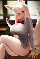 Rule 34 | 1girl, absurdres, animal ears, blush, bottomless, bow, bowtie, breasts, buttons, collared shirt, dress shirt, fox ears, fox girl, fox tail, highres, huge breasts, long hair, looking at viewer, nicorima, original, phone, red eyes, shirt, solo, tail, thighs