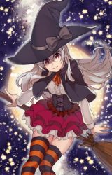 Rule 34 | 1girl, alternate costume, black capelet, black hat, bow, broom, bustier, capelet, chaika trabant, closed mouth, dress shirt, floating hair, full moon, grey bow, hair between eyes, hare (haaale), hat, hat bow, hitsugi no chaika, layered skirt, long hair, miniskirt, moon, neck ribbon, orange ribbon, pleated skirt, red eyes, red skirt, ribbon, shirt, silver hair, sitting, skirt, smile, solo, star (symbol), striped clothes, striped thighhighs, thighhighs, very long hair, white shirt, white skirt, witch, witch hat, zettai ryouiki