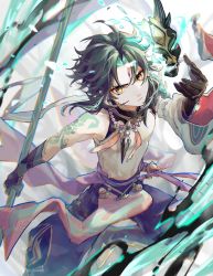Rule 34 | 1boy, ahoge, aqua hair, arm tattoo, asymmetrical clothes, bead necklace, beads, black hair, closed mouth, facial mark, forehead mark, genshin impact, gloves, highres, holding, holding weapon, jewelry, looking at viewer, male focus, mask, multicolored hair, necklace, shiraishi (siraisi00), solo, tattoo, weapon, xiao (genshin impact), yellow eyes