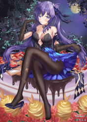Rule 34 | 1girl, absurdres, bare shoulders, biting, black gloves, black pantyhose, blue footwear, blush, breasts, cake, chocolate, cleavage, cone hair bun, detached sleeves, double bun, dress, elbow gloves, feet, flower, food, genshin impact, glove biting, gloves, hair bun, heiyulingkong, high heels, highres, keqing (genshin impact), keqing (opulent splendor) (genshin impact), lace, lace gloves, legs, long hair, looking at viewer, medium breasts, moon, mouth hold, no shoes, official alternate costume, pantyhose, pearl hair ornament, plunging neckline, purple eyes, purple hair, red flower, red rose, rose, see-through, see-through gloves, see-through legwear, shoe dangle, shoes, signature, single shoe, sitting, skirt hold, sky, smile, solo, star (sky), star (symbol), starry sky, strapless, strapless dress, toes